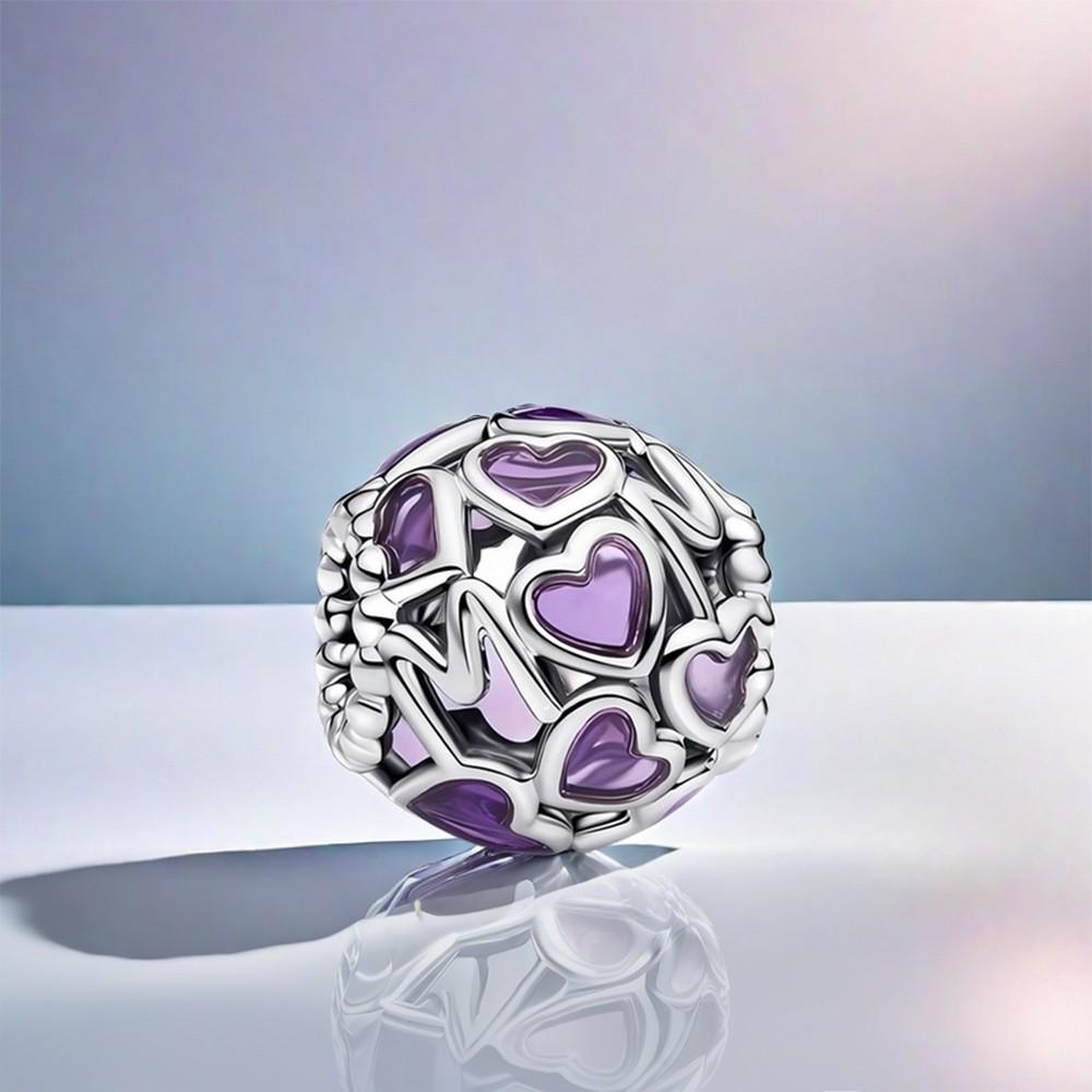 Purple Hollow Heart Mum Charms Beads Fit Original Bracele For Women Diy Bead For Jewelry Making Mother'S Day Gift