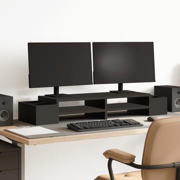 VidaXL Support de moniteur avec rangement noir bois d'ingénierie, support de moniteur pour bureau, étagère de moniteur, 854689