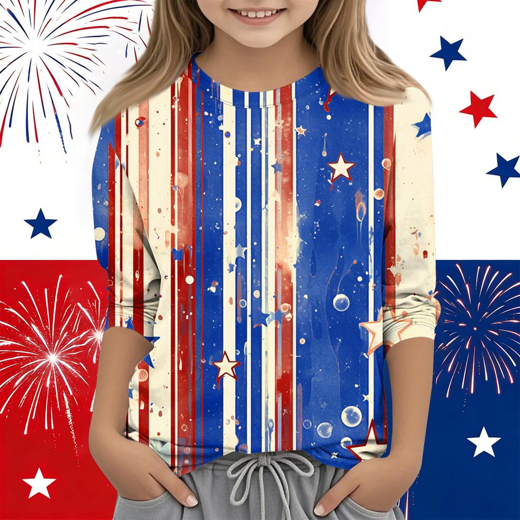 Print Tops For Youth Girls Round Neck 3/4 Sleeves T-Shirts Trendy Tops Outfit Tees Independence Day