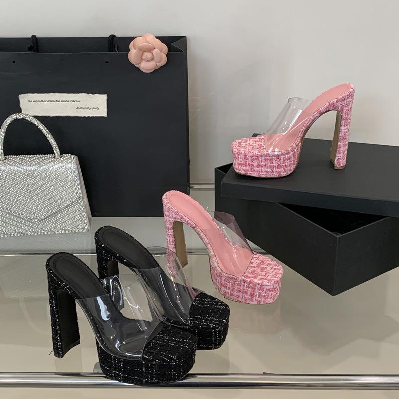 Pink romantic high heels women's spring and summer new square head waterproof table thick heel with cool slippers