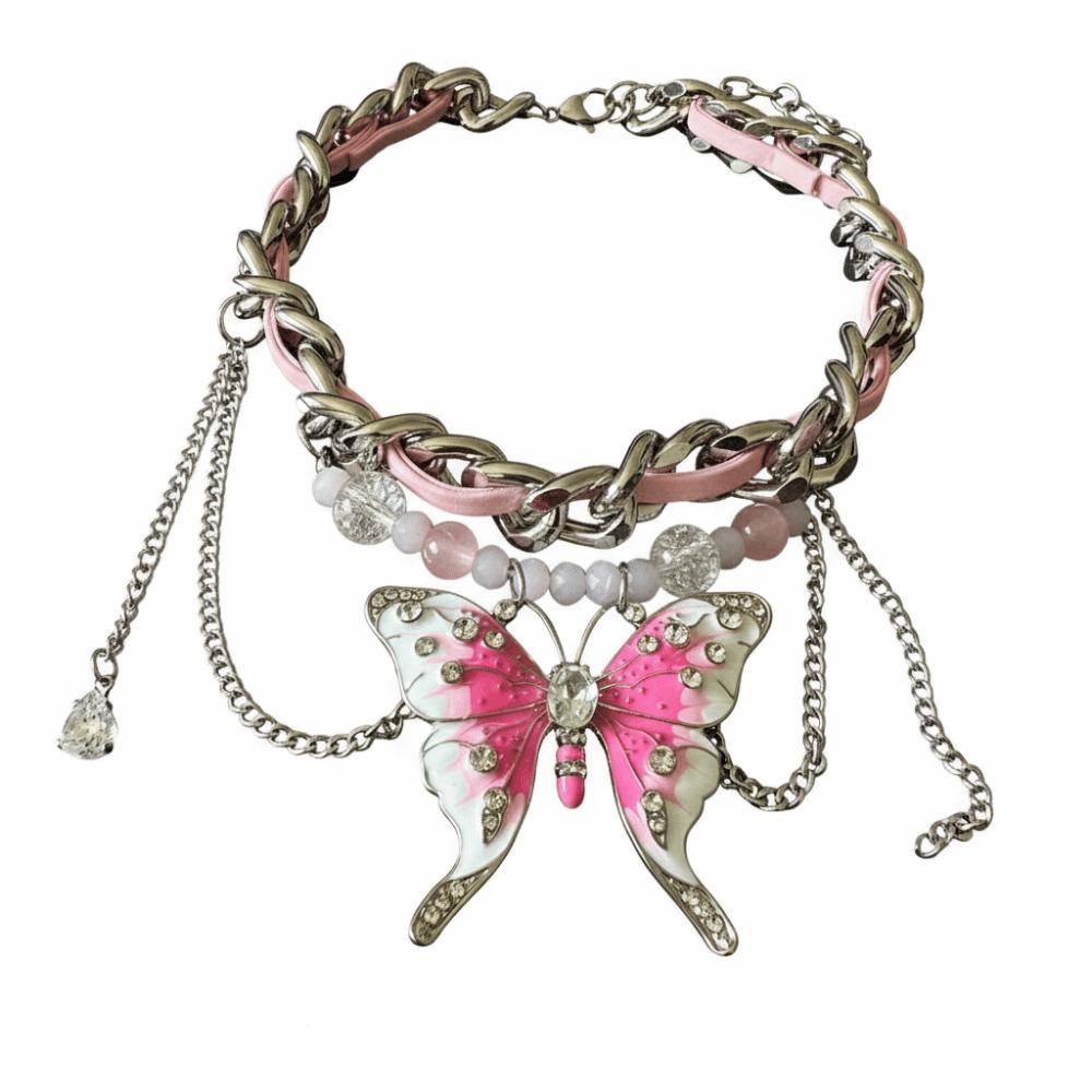 Luxury Butterfly Tassels Necklace Sweet Style Punk Choker Chain Necklace Short Length Exaggerated Design Pendant Necklace