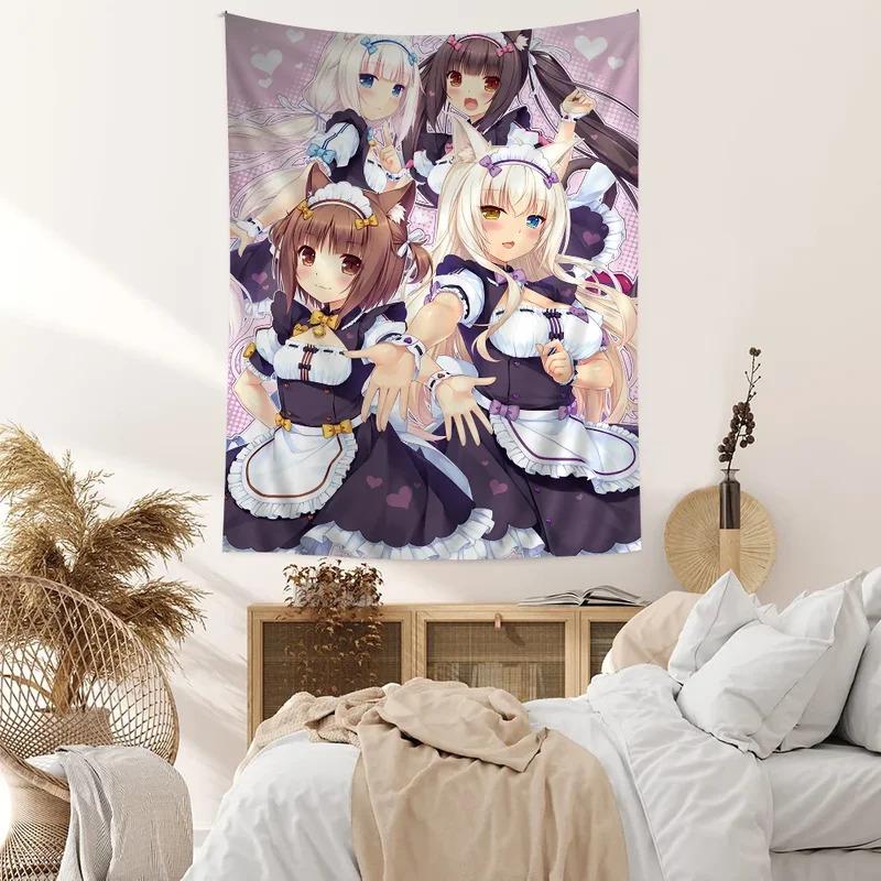 VIKAMA Nekopara Tapestry Cat Girl Anime Peeling Wall Hanging Floral Decoration Suitable For Dormitories And Bedrooms