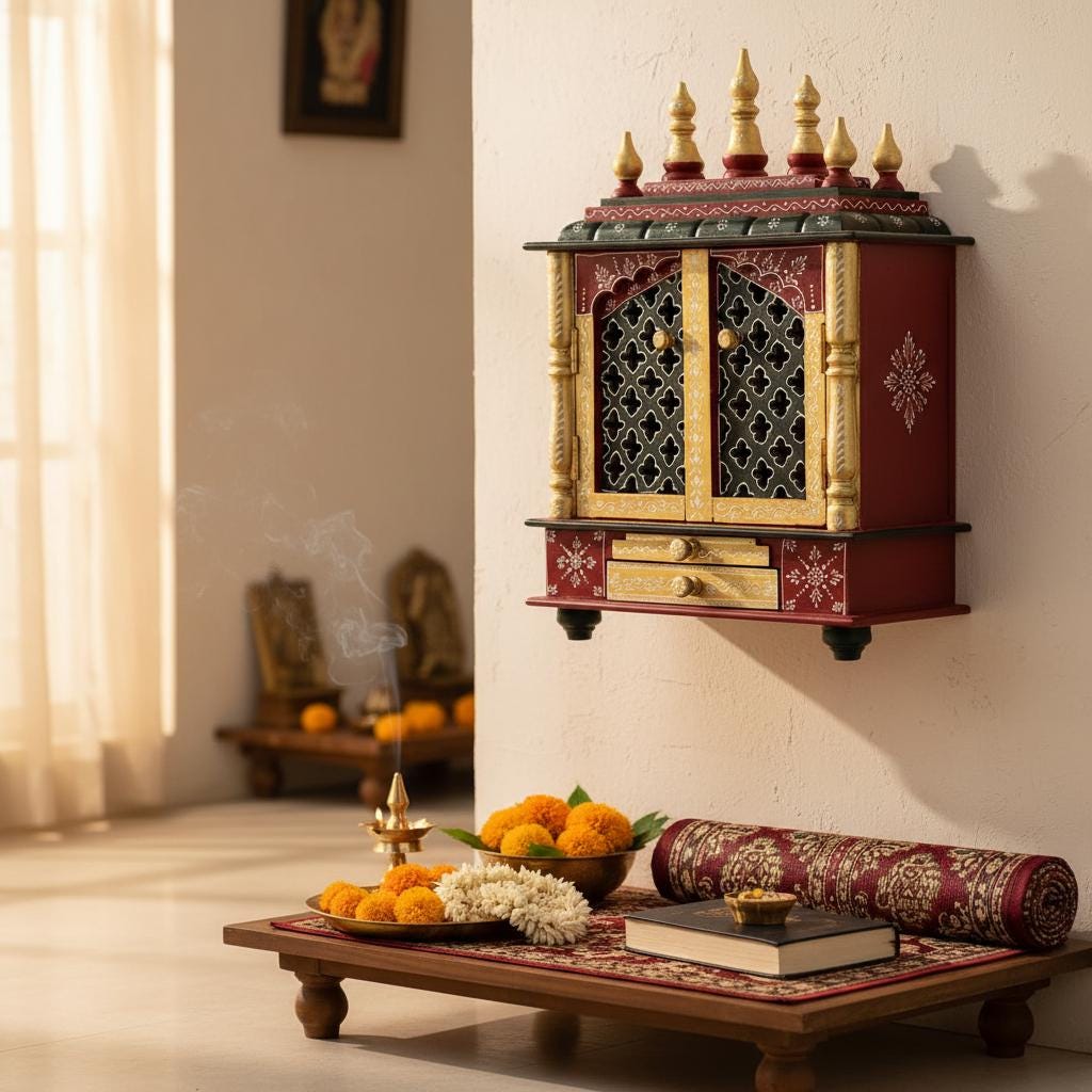 Hand-Painted Wooden Temple | Wall Mounted Pooja Home Mandir | Miniature Pooja Mandap | Rajasthani Art Shrine for Home Decor, Hindu Religion