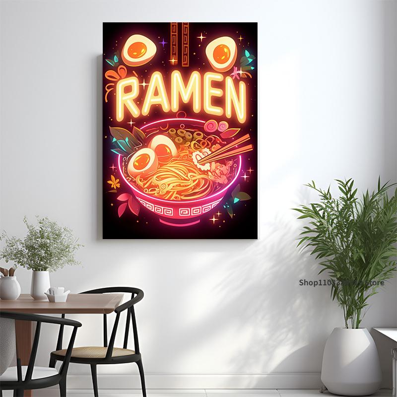 Neon Style Ramen Japanese Food Noodles Eggs Art Poster Canvas Painting Wall Prints Picture for Living Room Home Decor