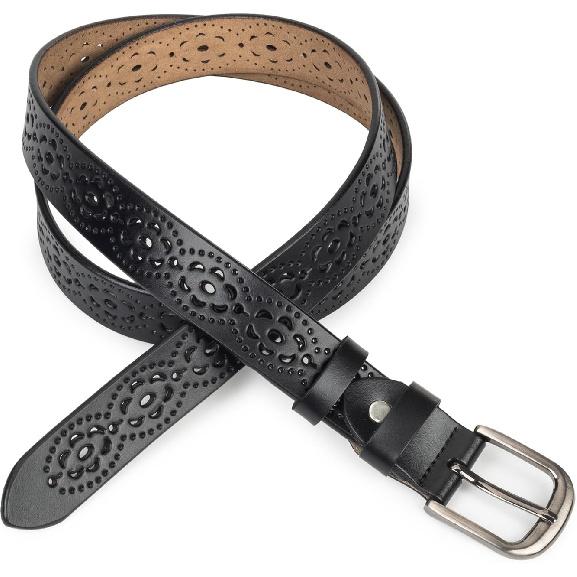 Womens Leather Belt for Jean Pants Hollow Pin Buckle Adjustable Waist Belt