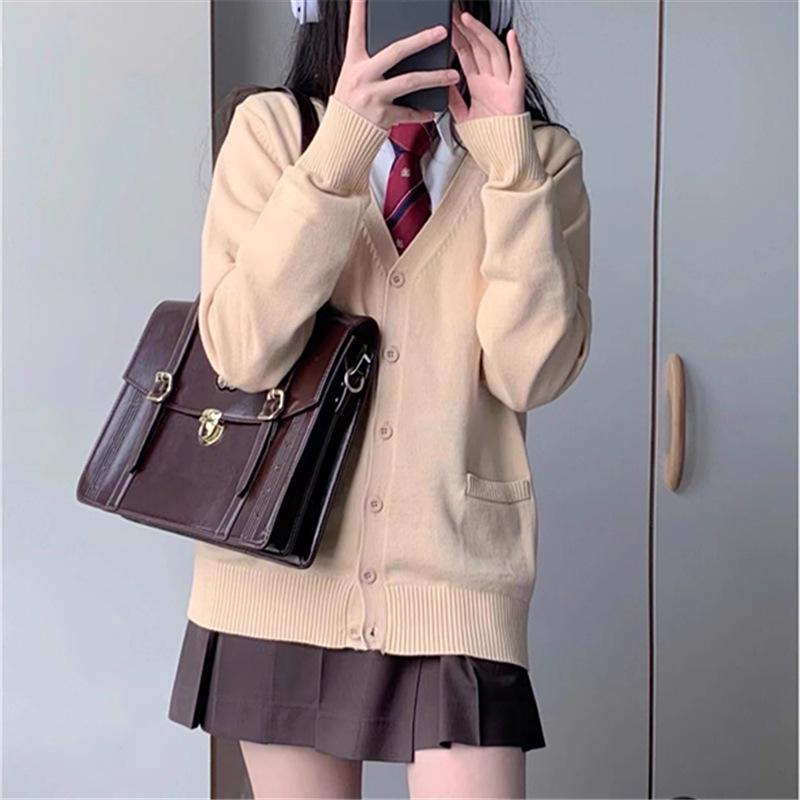 Japanese College Style V-Neck Cardigan for Women - Autumn/Winter School Uniform Sweater