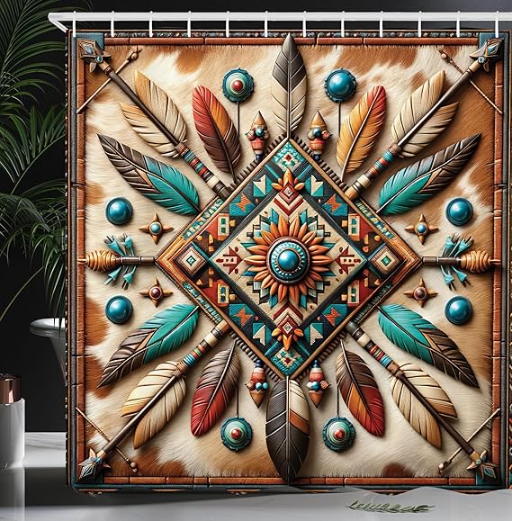 

Ambesonne Деревенская шторка для душа, Геометрический юго-западный орнамент из перьев, Диагональный квадратный орнамент, Тканевая занавеска для ванной комнаты Se