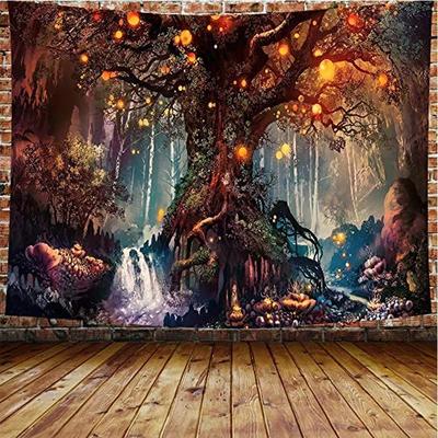 Tapisserie Murale Arbre Vie Forêt Plante Fantastique Château Magique Hippie Psychédélique Décorative Tapis Mural Drap de Lit
