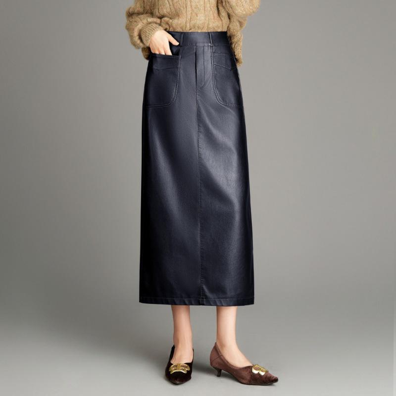 Luxurious Mid-Length Lambskin Leather Skirt with Stylish Slit for Women - Perfect for Autumn and Winter Elegance