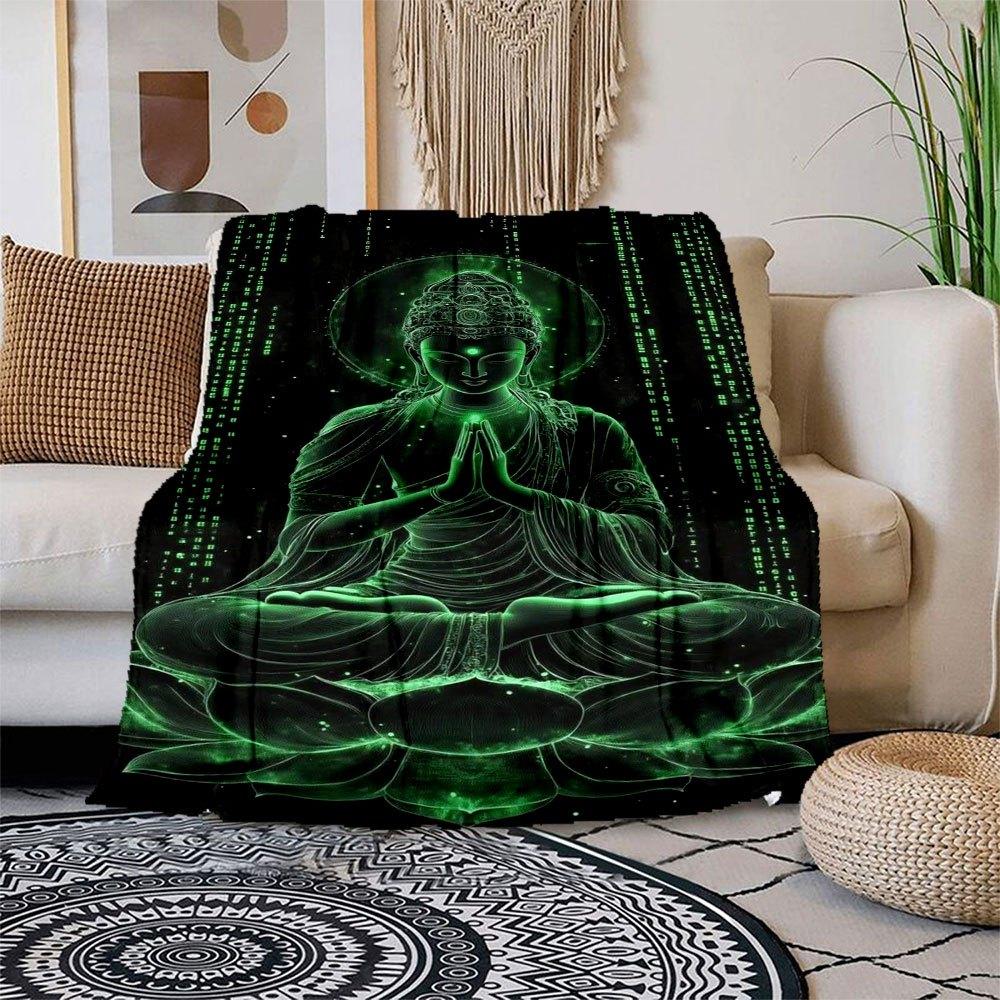 

Green Glowing Buddha Statue: Spiritual Zen Decor Blanket Flannel Throw Blanket for Sofa, Bed, Travel, Camping, Office, Couch, Chair, And Be 150x180cm