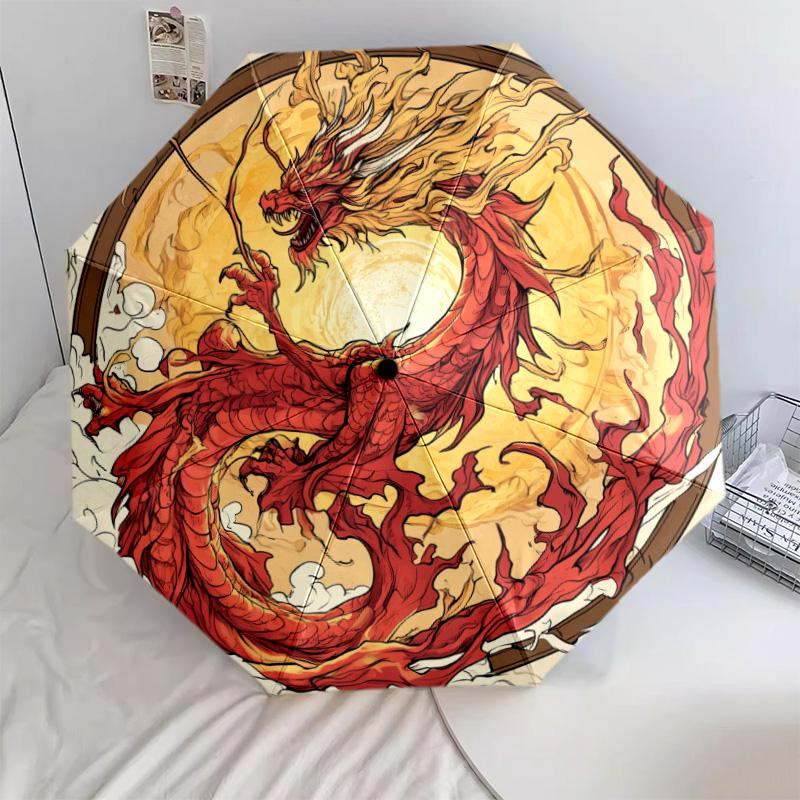 Golden Dragon  Pattern, Automatic Folding Umbrella, Portable and Foldable Design, 8 Ribs, a Christmas or Birthday Gift.