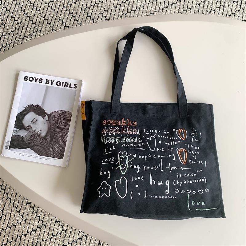 

Полотняна сумка Жіноча універсальна портативна сумка через плече великої місткості з принтом вишивки Сумка для учнівського класу чорний