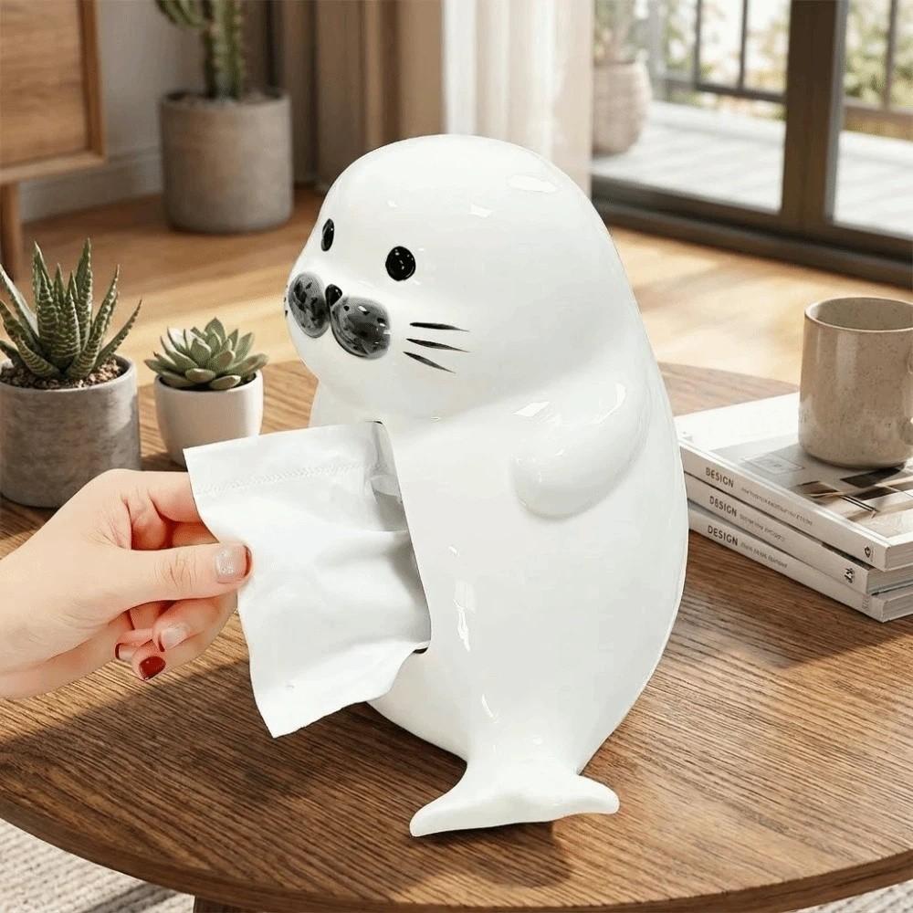 Stylish Large Capacity Seal lion Napkin Holder Smooth Exquisite Napkin Storage Box Cute Cartoon Ceramic Tissue Box Bedside
