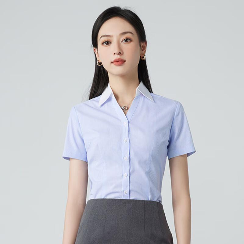 Teluoman Women s Short Sleeve Striped V-Neck Shirt with Contrast Collar XL