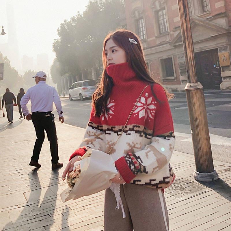 WTEMPO Turtleneck Christmas Elk Pullover Sweater Women Loose Autumn Winter Thickened Warm Fashion