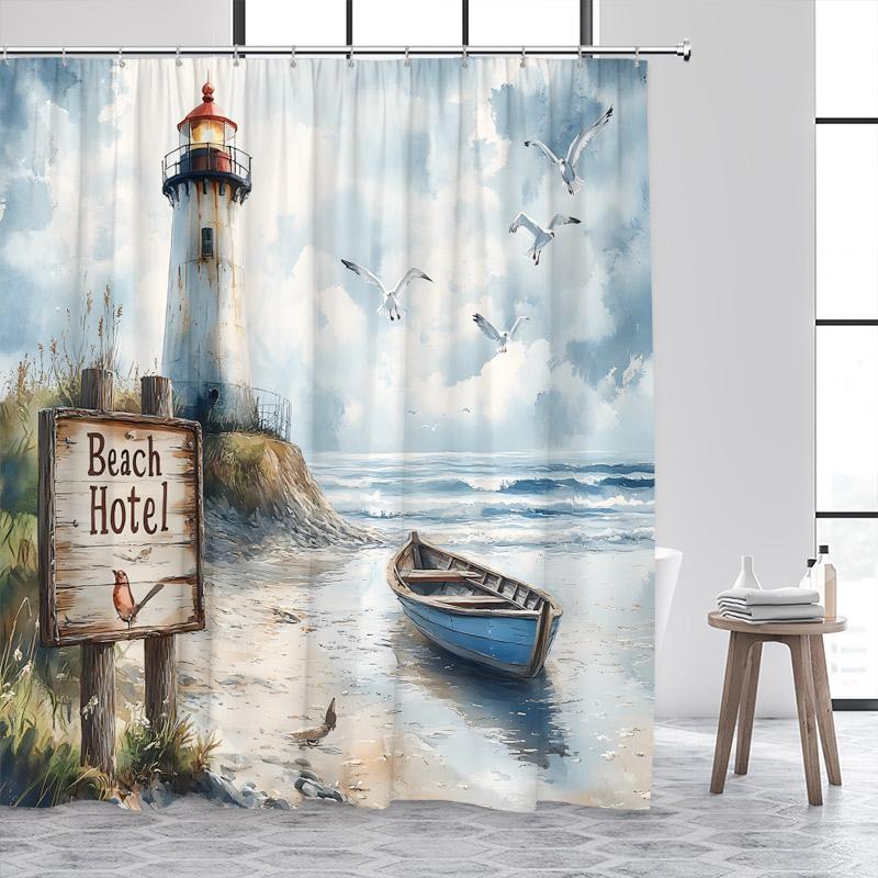 Niebieski Ocean Latarnia Morska Zasłony Prysznicowe Vintage Łódź Mewy Fale Morskie Akwarela Sztuka Nowoczesny Wystrój Zasłony Łazienkowej Z Haczykami