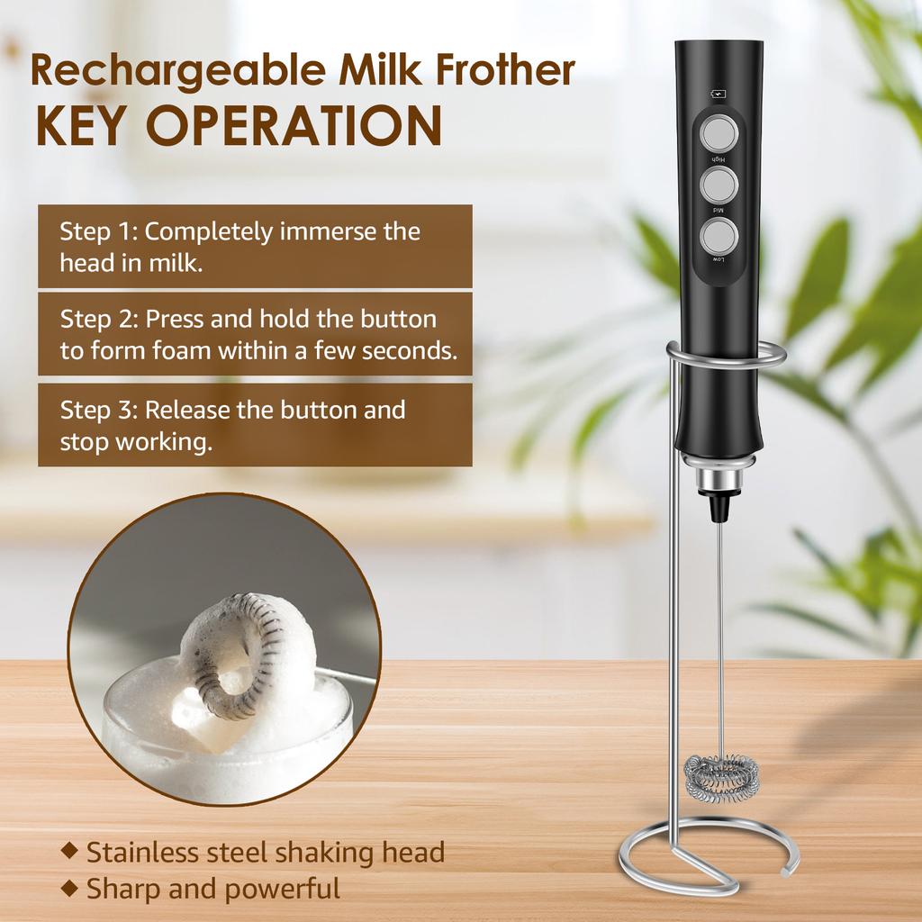 Handheld Electric Milk Frother with 2 Heads, Coffee Whisk Foam Mixer with USB Rechargeable 3 Speeds, Foam Maker Blender