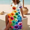 Women's Floral Print V-Neck Short Sleeve Dress,Black Background with Multicolor Flowers,Casual Beach Dress