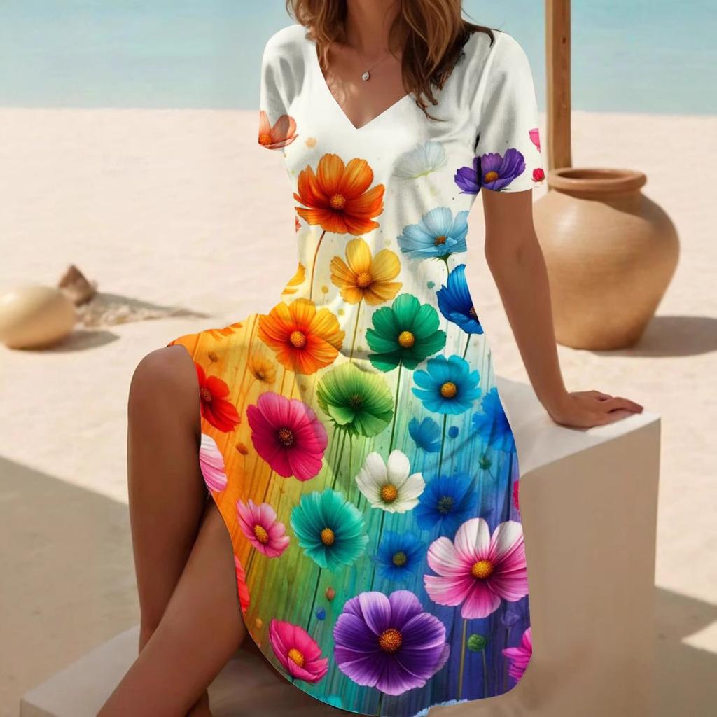 Women's Floral Print V-Neck Short Sleeve Dress,Black Background with Multicolor Flowers,Casual Beach Dress