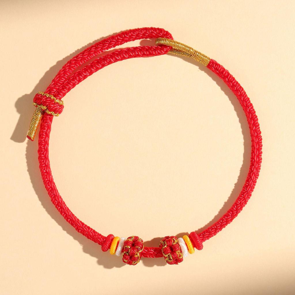 Handmade Peach Blossom & Lily of the Valley Knot Zodiac Bracelet – Red Rope for Men & Women, Bead-String DIY Semi-Finished.