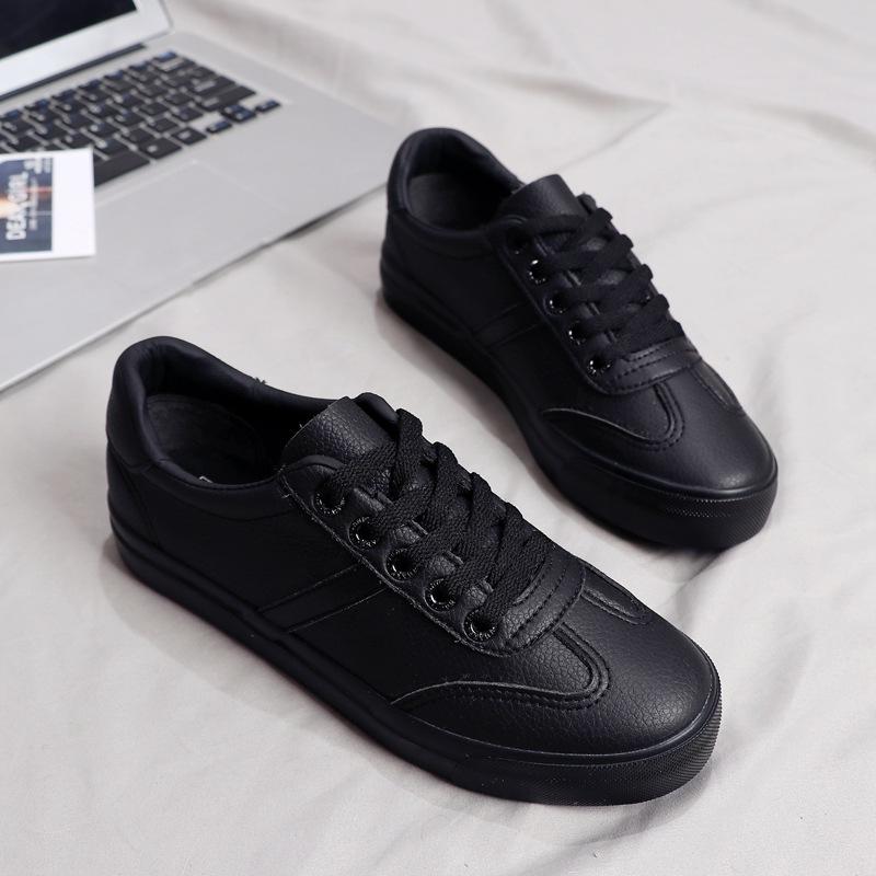 Neue Atmungsaktive Low-Top Schuhe aus Weichem Leder Schwarz Damen-Sneakers Studenten Schnürschuhe Skateboard-Schuhe Ganz Schwarz Arbeitsschuhe