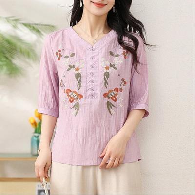 Damen Pink V-Ausschnitt Blumenstickerei Halbe Knopfleiste Dreiviertelärm Baumwoll-Leinen Bluse