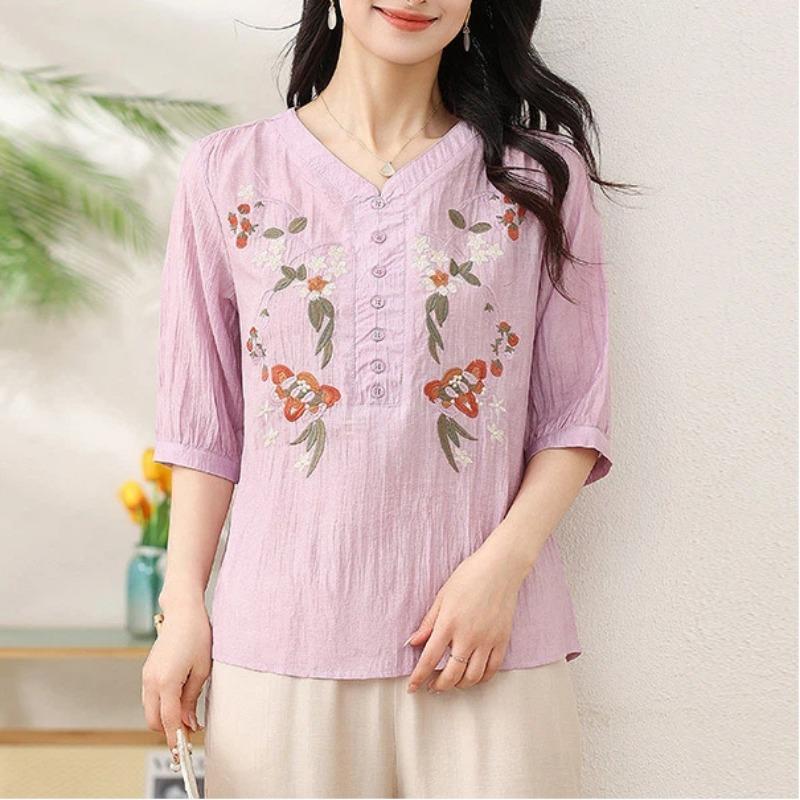 

Women Pink V Neck Floral Embroidery Half Placket Three Quarter Sleeve Cotton Linen Blouse XL розовый