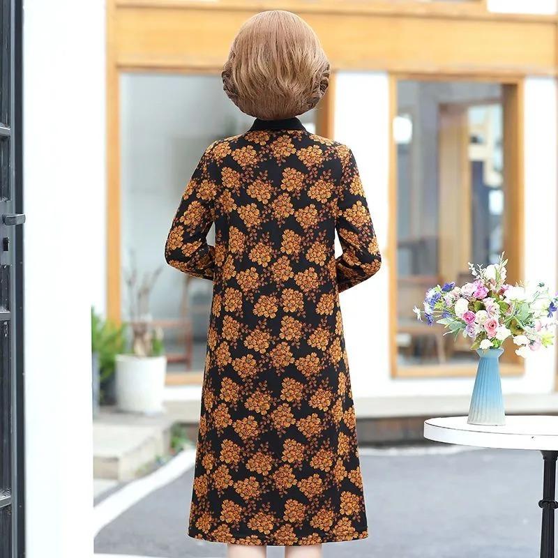 Women's Floral Print Midi Dress Casual Lapel Button Up Long Sleeve Loose Fit Dress for Middle Aged and Elderly