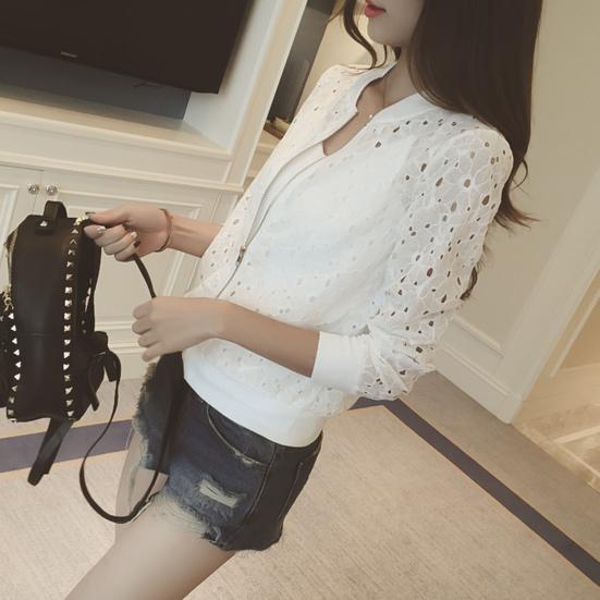 Women Coat Hollow Out Lace Stand Collar Zipper Closure Solid Color Elastic Cuff And