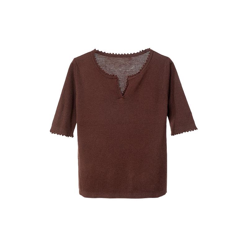 

Новый осенний приталенный шерстяной свитер с V-образным вырезом и рукавами пять восьмых, связанный крючком вручную Large темно-коричневого