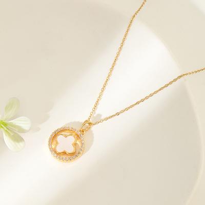 Shell Double-sided Micro Inlaid Four Leaf Grass Pendant Titanium Steel Necklace, the Best Gift for Girls
