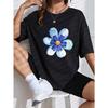 Casual T Shirt White Blue Flower Print Summer Outfit Women Fashion Top For Everyday Wear