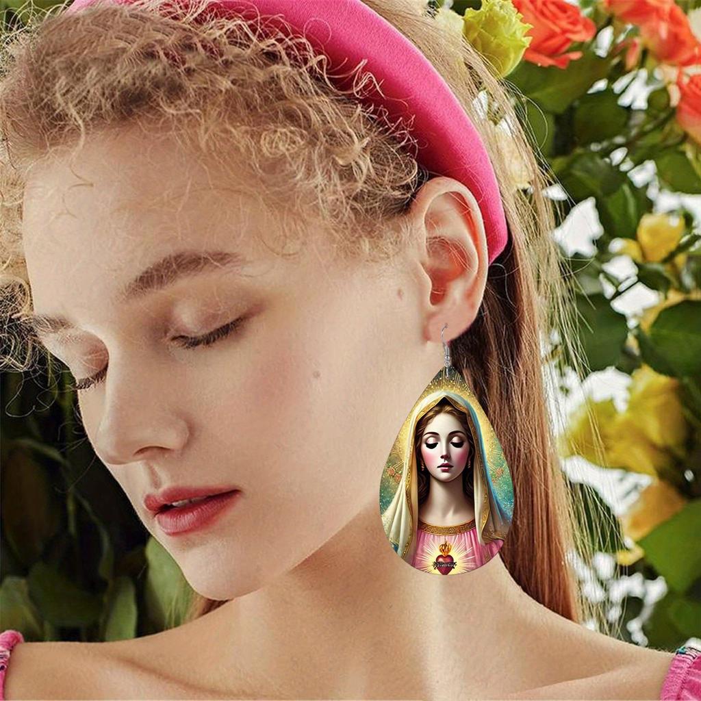 Elegant Our Lady with Angel PU Drop Dangle Earrings, Inspiration Jesus Theme Double Sided Hoop Earring,