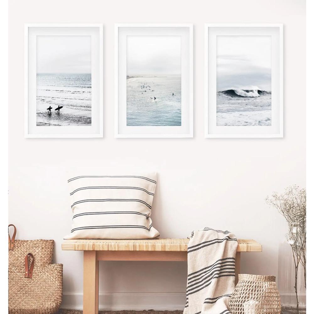 Soft Blue Coastal Surf Wall Art Prints, Minimalist Ocean Wave Beach Canvas Posters, Neutral Boho Living Room Home Decor Gifts