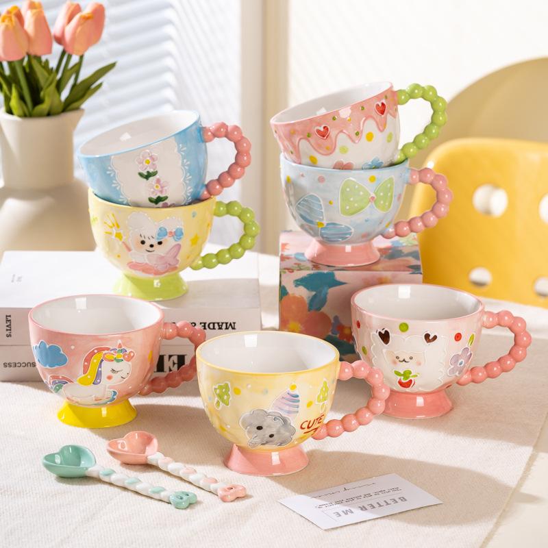 Hand-painted Ceramic Cup Cute Creative Bead Handle Breakfast Cup High Value Large Capacity Milk Oat Cup Drinking Cup