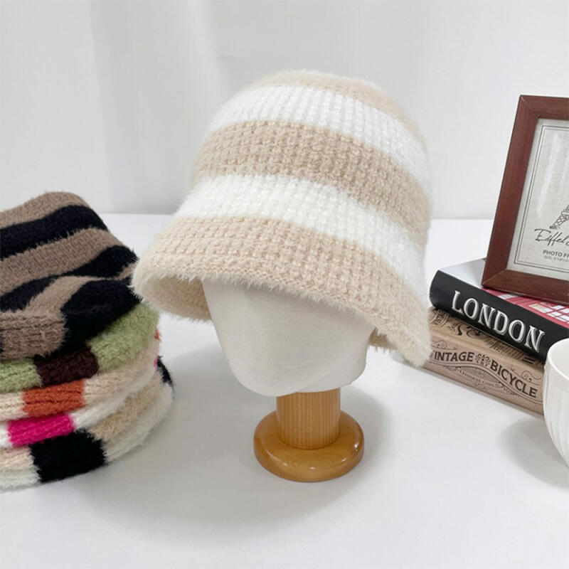 Buster Striped Fur Bucket Hat Women s Fluffy Winter Hat hot pink