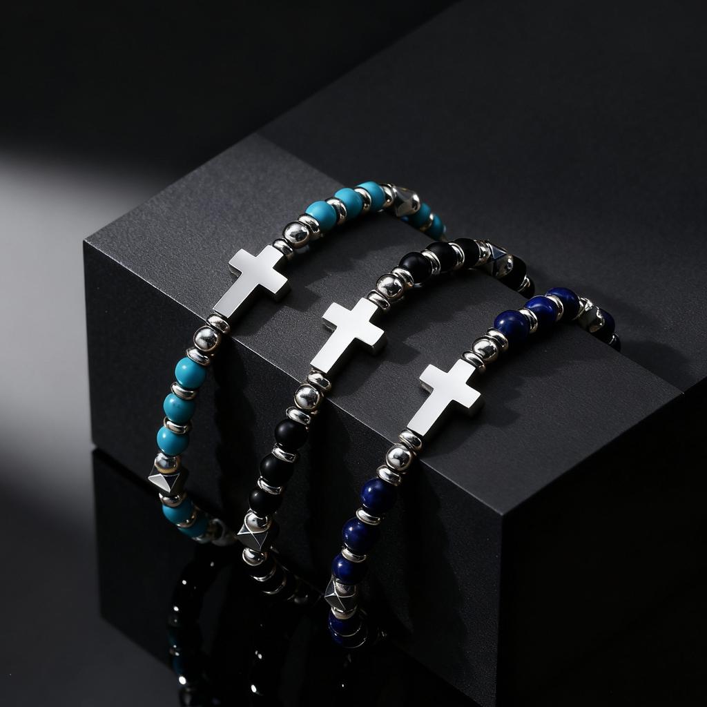 Vintage Klassisches Edelstahl-Kreuz Verstellbares Armband für Herren, Schwarzer Onyx Naturstein Perlenkette Armband, Trendiger Schmuck