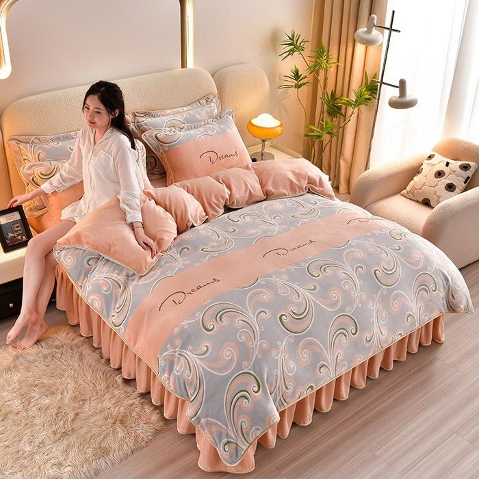 Thickened Milk Fleece Four-Piece Warm Double-Sided Coral Fleece Quilt Cover Flannel Sheet Bed Skirt Bedding