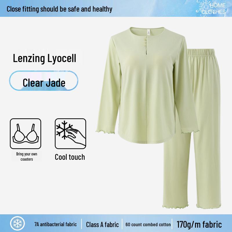 High-End Women's Summer Set: Chinese-Style Long Sleeve Top & Pants with Chest Pad, Lyocell Cotton Pajamas
