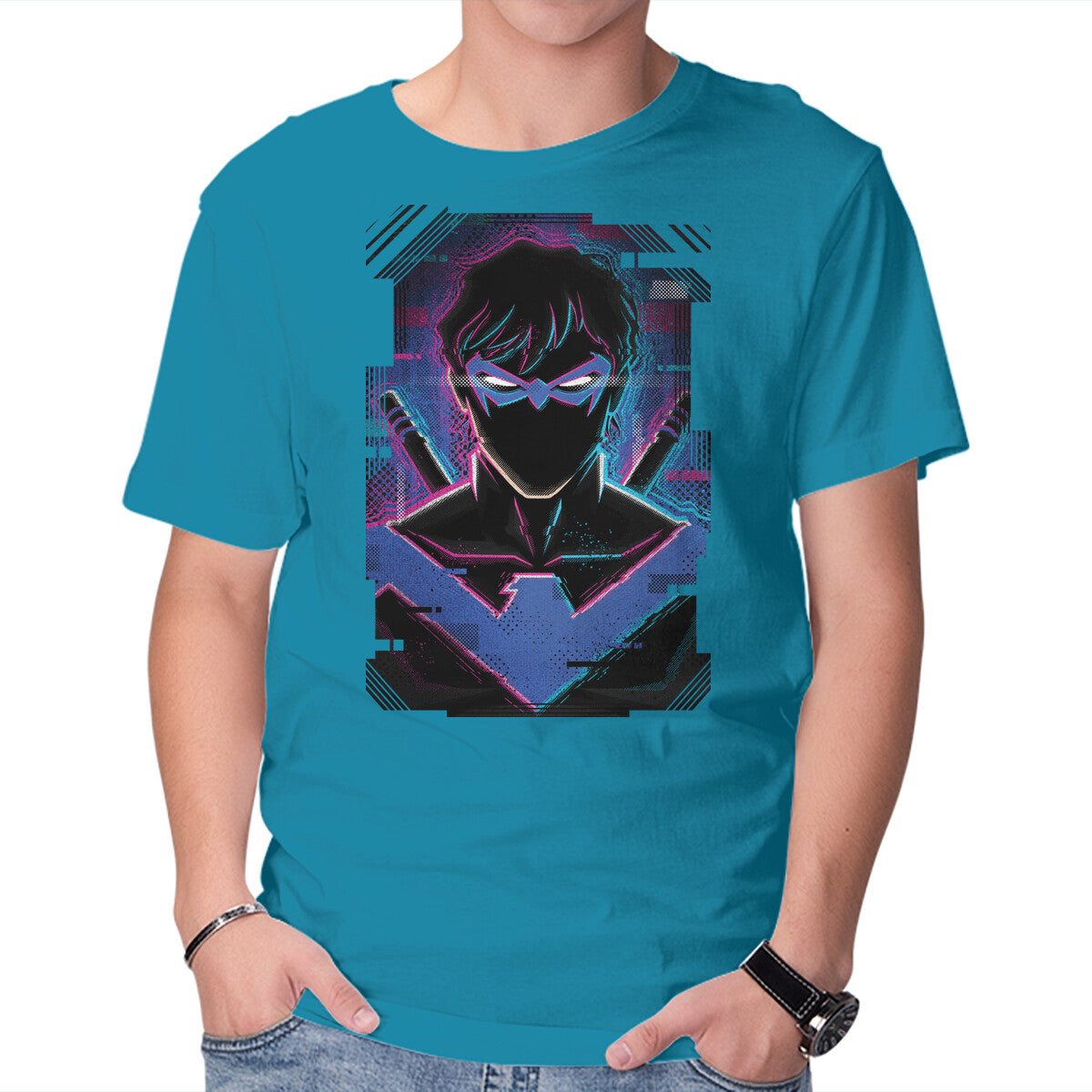 Unisex Crew Neck T-Shirt Nightwing Glitch Graphic Short Sleeve Casual Tee XXL