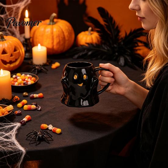 Ergonomic Handle Water Mug Halloween Ghost Ceramic Cup, Cute 3D Smiling Face Novelty Birthday Present Coffee Mug, Decorative Drinkware for Hot