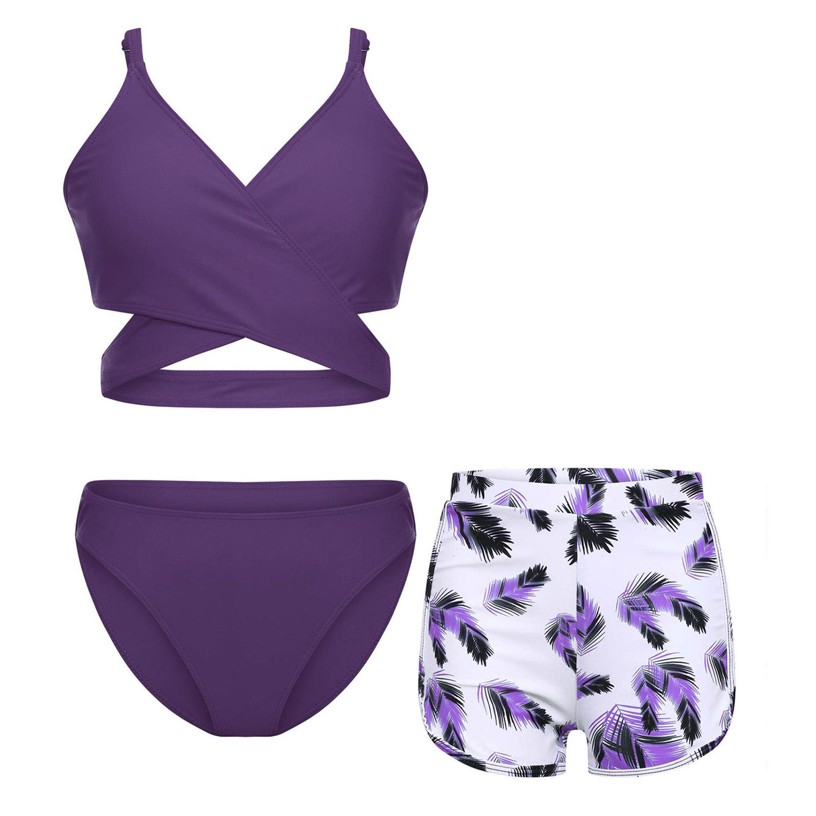 

Набір купальника з трьох предметів для дівчаток, регульовані бретелі, знімні подушечки, топ-бікіні, шорти з пір яним принтом, пляжний наряд 12-13 Years фіолетовий