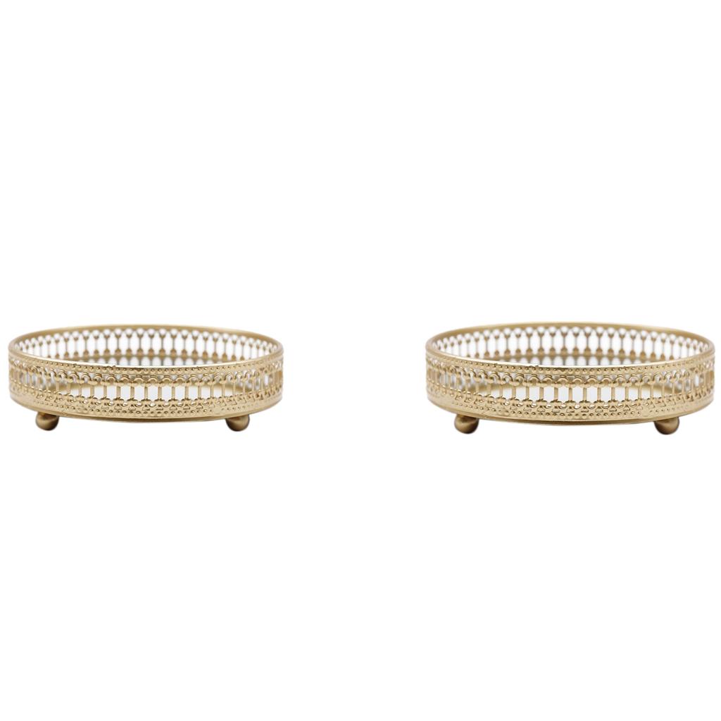 ABWR-2X Golden Iron Jewelry Storage Tray Glass Mirror Makeup Manager Desktop Cosmetic Dessert Display Tray 25Cm & 17.5Cm