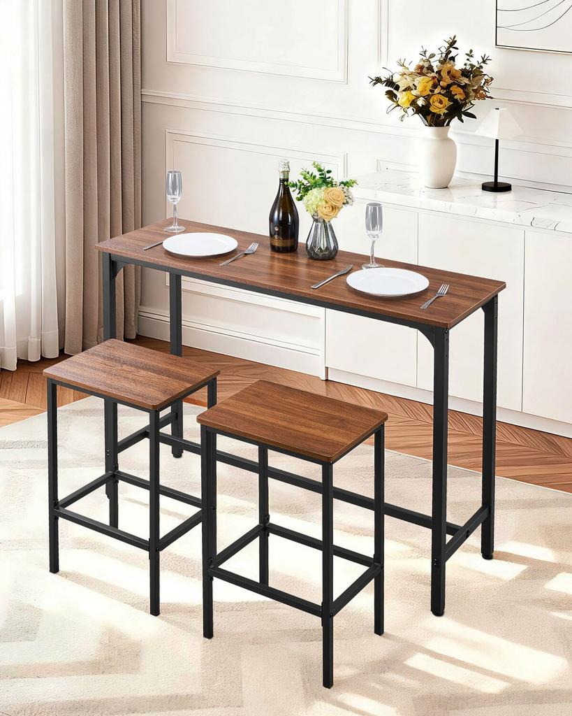Bar Table, 3PCS 1193.8mm Bars Tables Set, Bar Tables and Chair Set with Rounded Edge Design, Rectangular Pub Table with Two Stools for Office Desk,