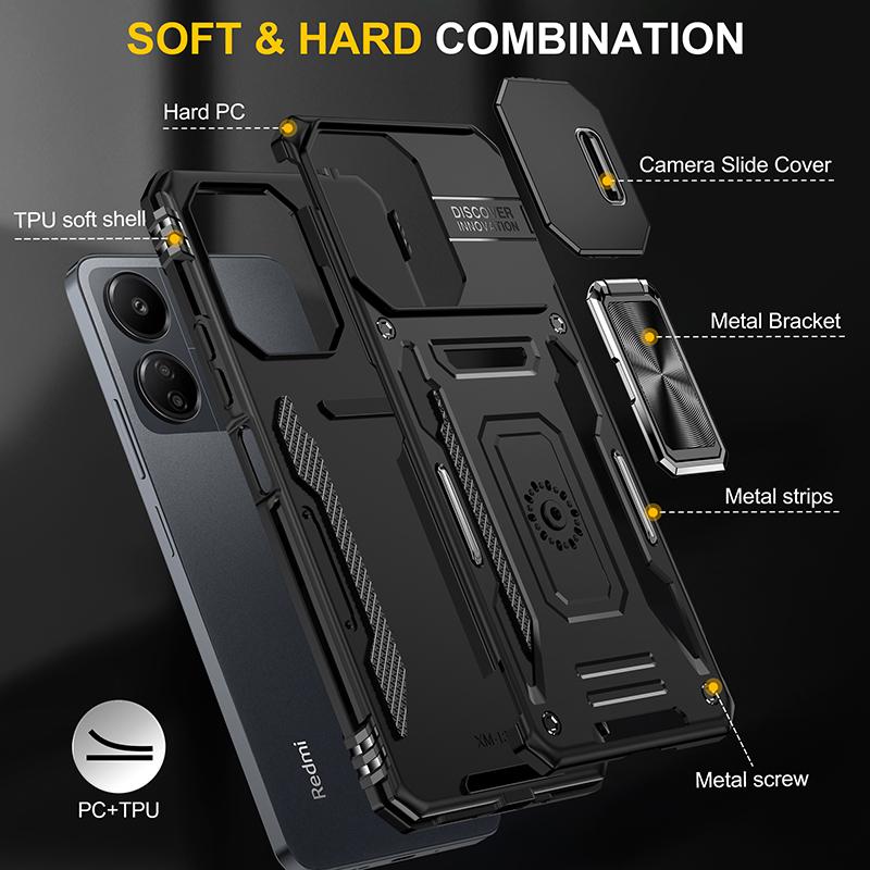Armor Series For Xiaomi Redmi 13C 4G/5G/13R 5G/Poco M6 5G/Poco C65 4G Phone Case with Slide Camera Cover