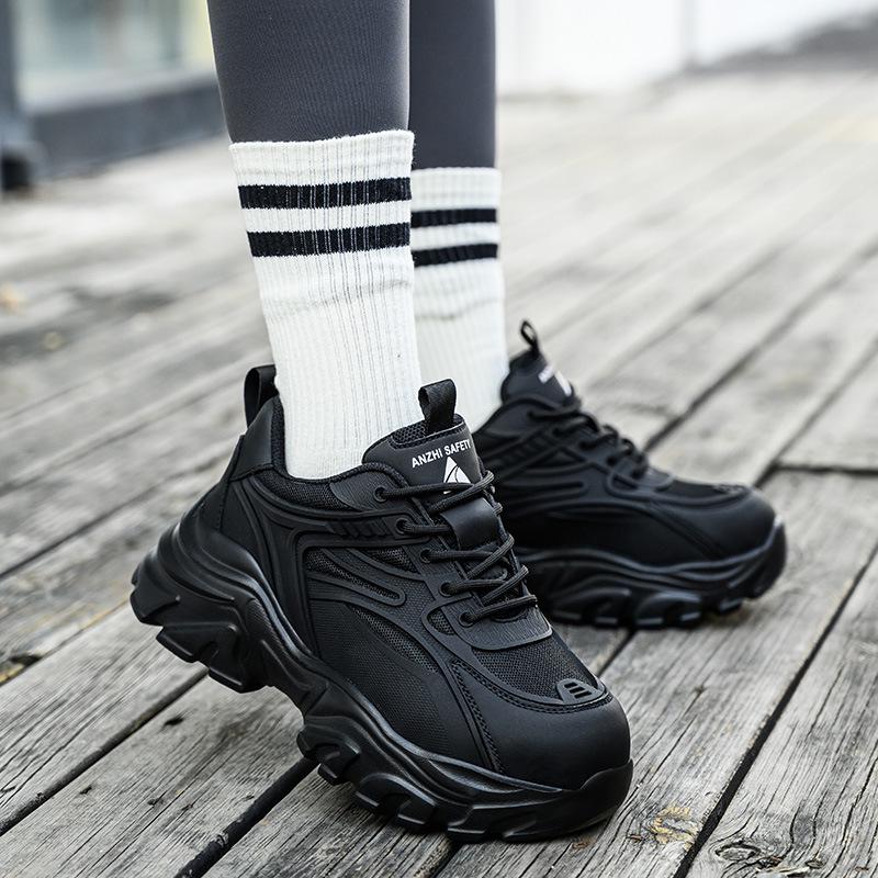 Arbeitsschuhe für Damen mit Stahlkappe und -sohle, Schwarz, Stoßfest, Durchtrittsicher, Leicht, Atmungsaktiv, Papa-Stil Black; Size 37 white