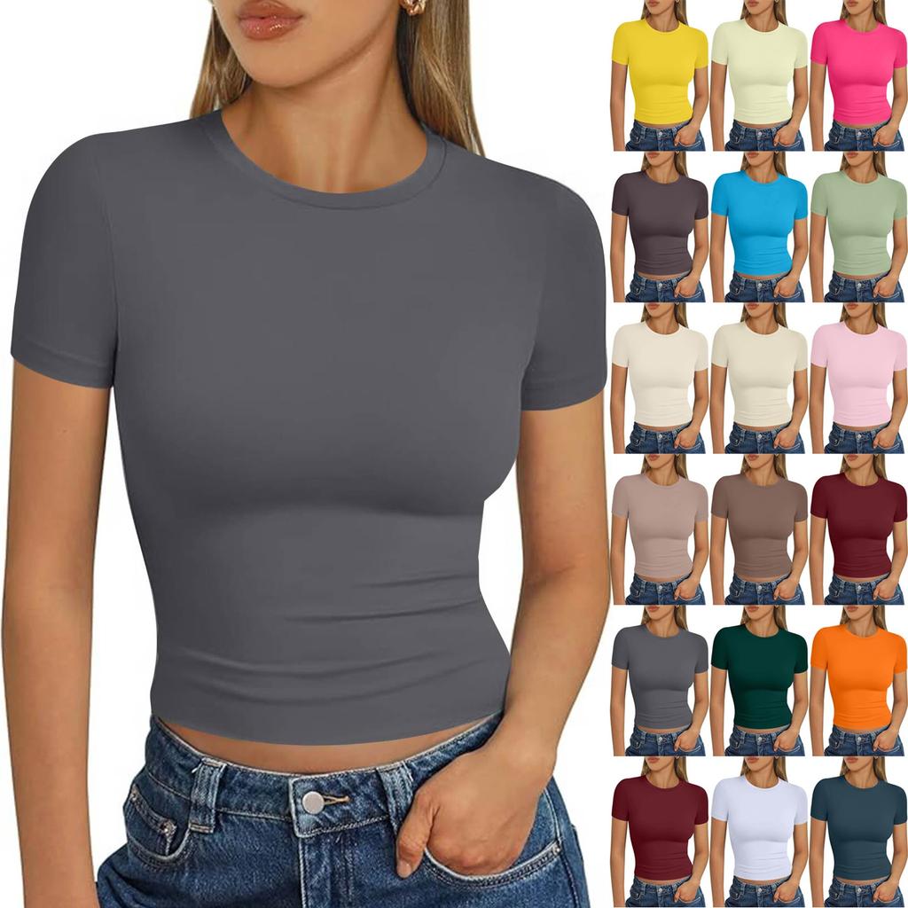 Ladies Summer Fashion Casual Color Round Neck Short Sleeve Slim Ribbed Top