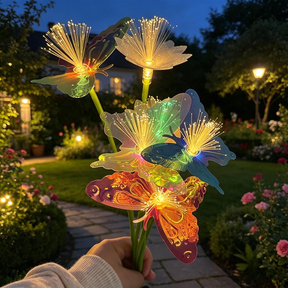 Colorful/Warm Solar Butterfly Flower Lights Fiber Optic LED Garden Stake Lights Waterproof Outdoor Decor for Yard Lawn Patio 2pack