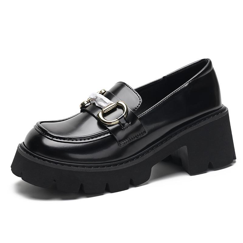 Horse buckle small leather shoes women's spring new thick-soled retro single shoes size