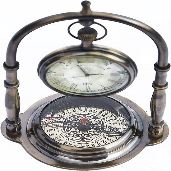Ceas decor de masă antic nautic victorian London1876 din alamă cu busolă